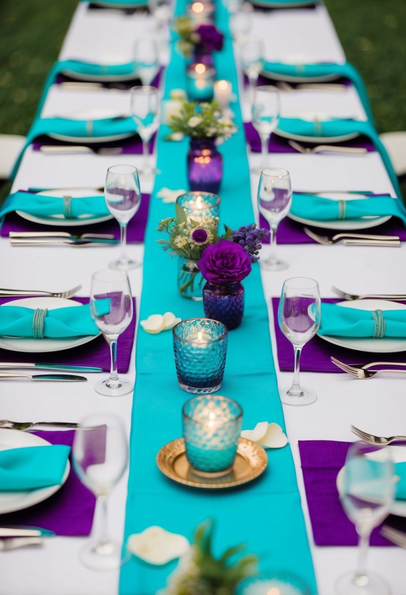 A beautifully set table with turquoise runners, adorned with purple and teal accents for a wedding celebration