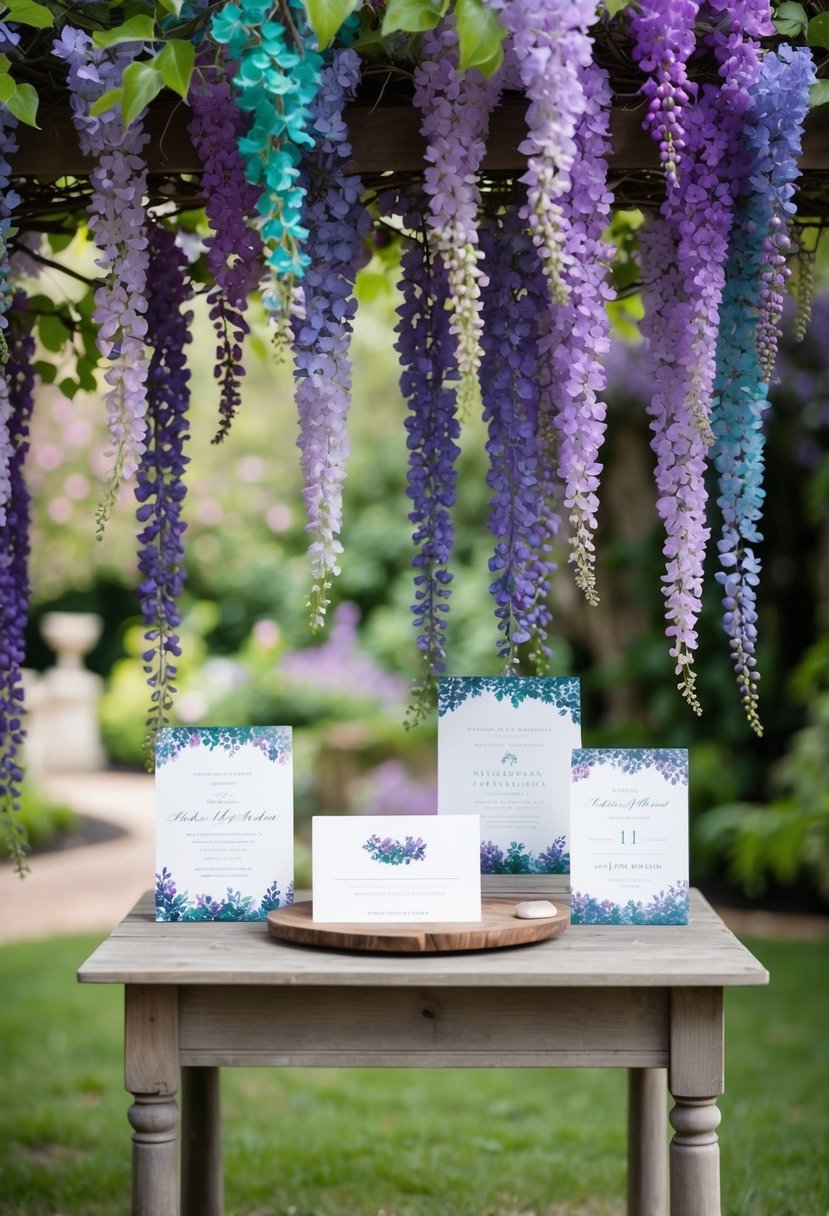 A serene garden with cascading wisteria in shades of purple and teal, with elegant wedding invitations displayed on a rustic wooden table