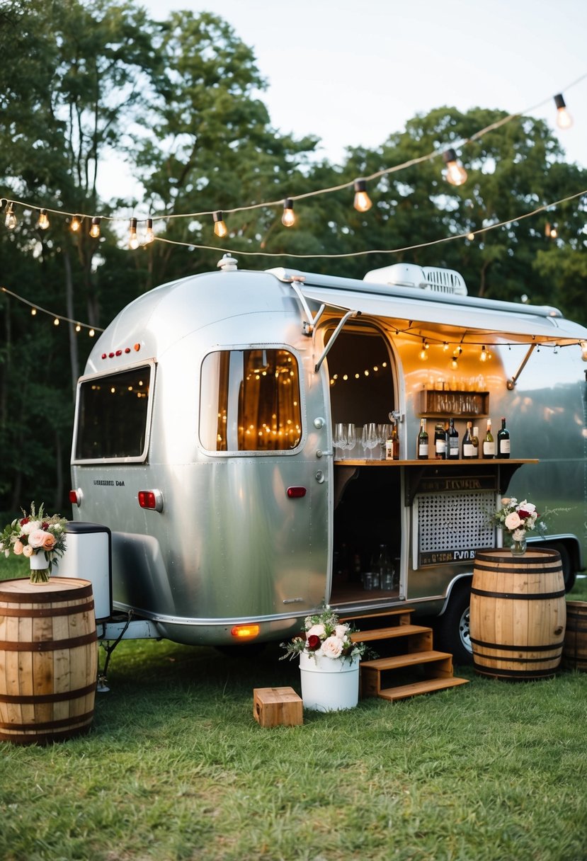 A vintage Airstream trailer converted into a mobile wedding bar, adorned with string lights and surrounded by rustic wooden crates and barrels