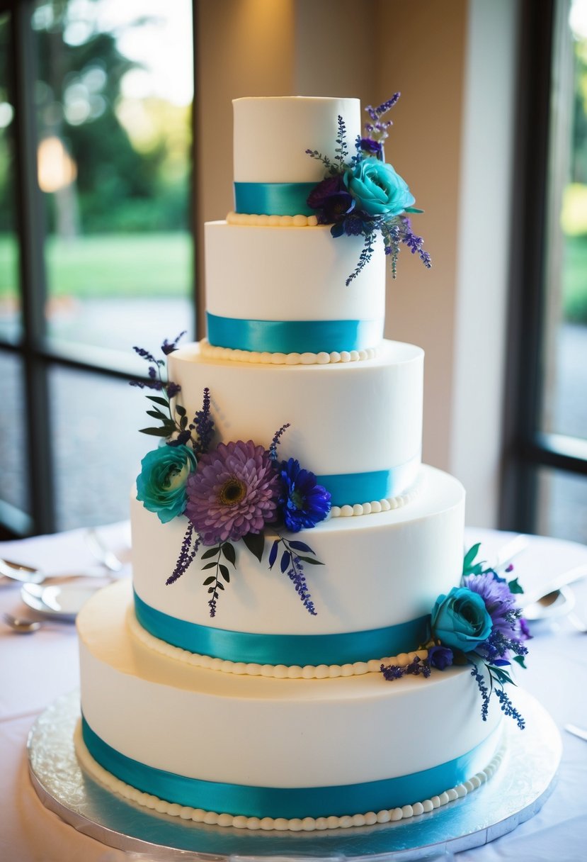 A tiered wedding cake adorned with amethyst and aqua-colored flowers and ribbons