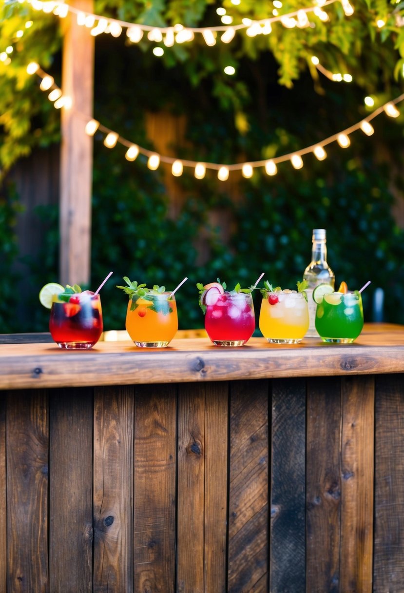 A rustic wooden bar adorned with colorful craft mocktails and fresh garnishes, set against a backdrop of twinkling fairy lights and lush greenery