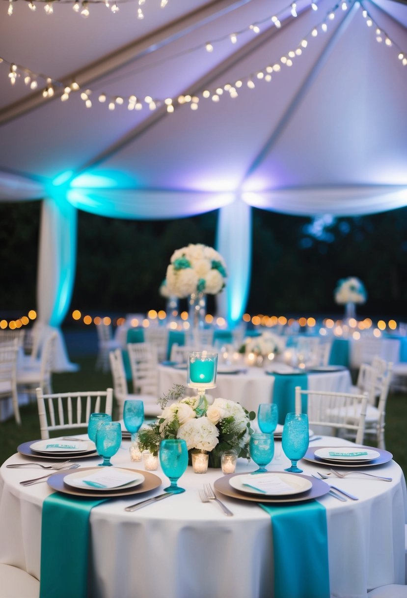 A table adorned with periwinkle and teal lighting accents, set for a wedding celebration