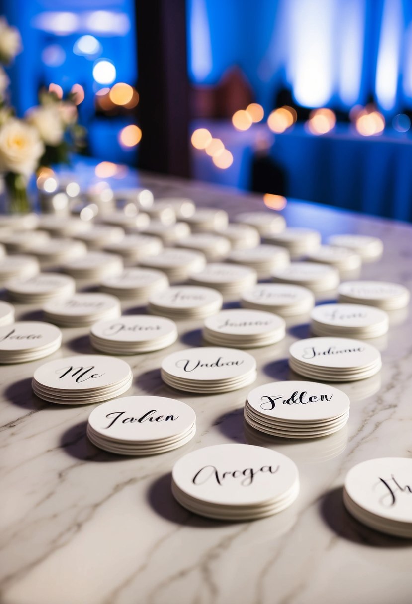 Custom coasters with individual names arranged on a sleek, marble bar top at an elegant wedding reception