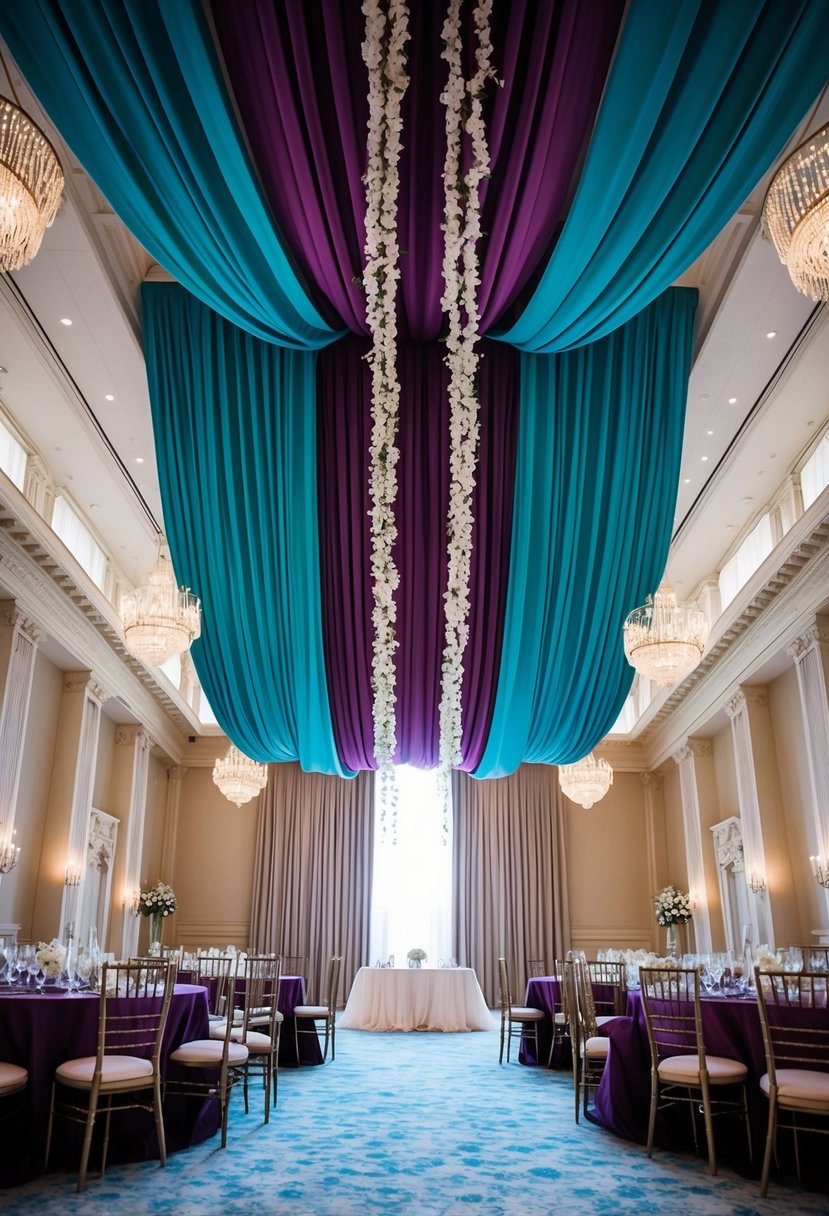 A grand ballroom with teal and plum drapery cascading from the ceiling, creating a regal and elegant atmosphere for a wedding