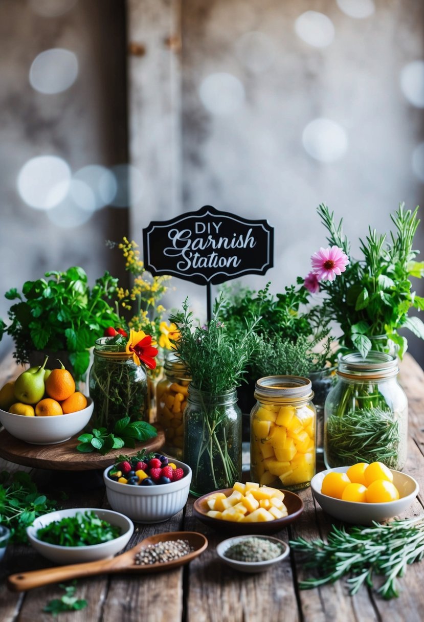 A rustic wooden table with an array of fresh herbs, fruits, and edible flowers arranged in glass jars and bowls. A sign reads "DIY Garnish Station" in elegant calligraphy