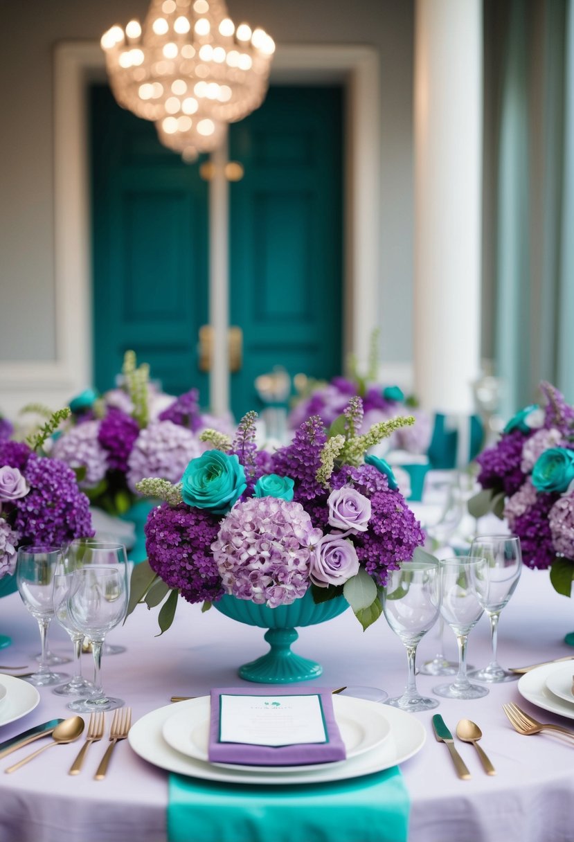 A table adorned with lilac and mint floral arrangements, creating a beautiful display of purple and teal wedding color ideas