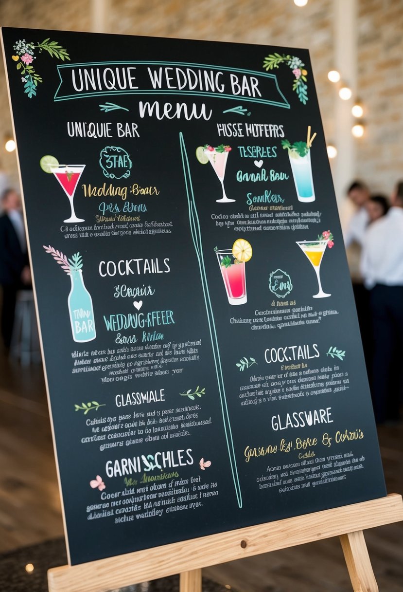 A chalkboard menu featuring unique wedding bar ideas, with colorful illustrations of cocktails, garnishes, and glassware