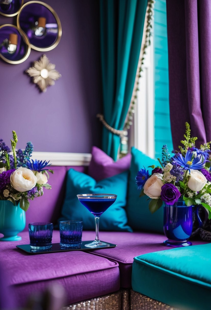 A cozy nook with purple and teal decor, adorned with indigo cocktail glasses and elegant floral arrangements