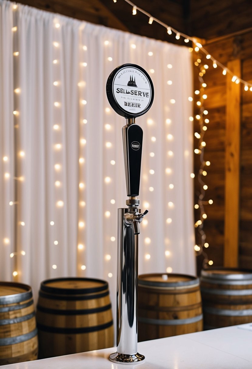 A sleek, modern self-serve beer tap stands against a backdrop of rustic wooden barrels and twinkling string lights, creating a unique wedding bar experience