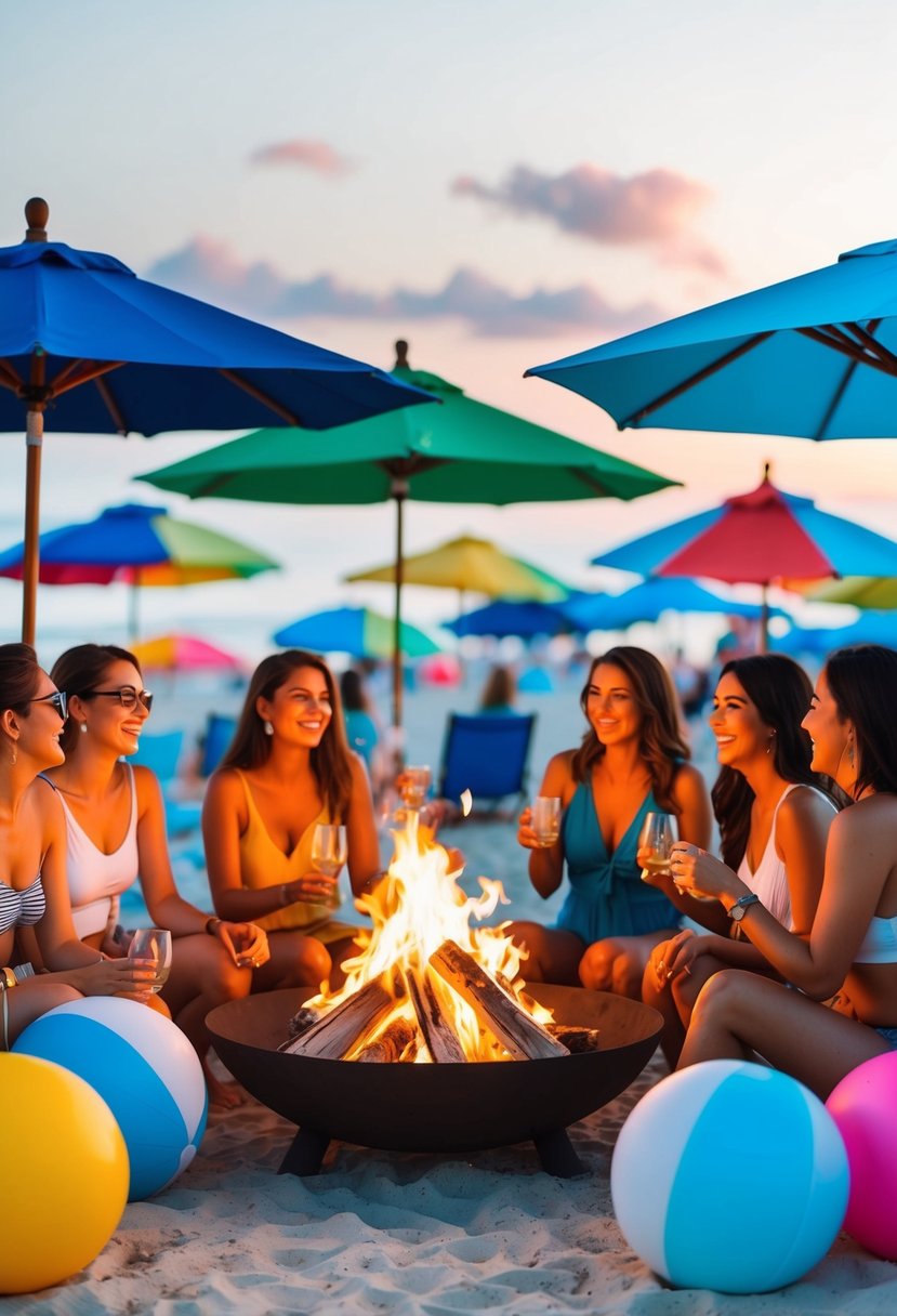 A group of women enjoying a beach bonfire in summer, surrounded by colorful umbrellas and beach balls