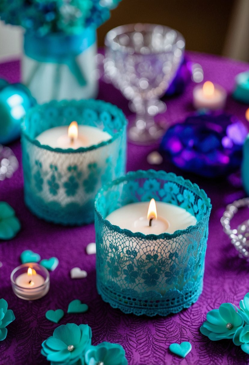 Two teal lace candle holders surrounded by purple and teal wedding decor