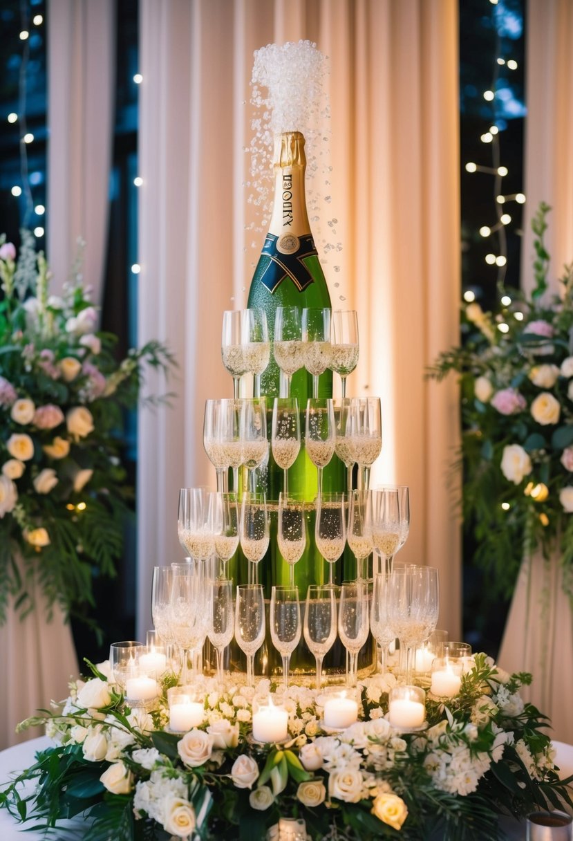 A grand champagne tower stands tall, adorned with cascading bubbles and elegant crystal glasses, surrounded by twinkling fairy lights and lush floral arrangements