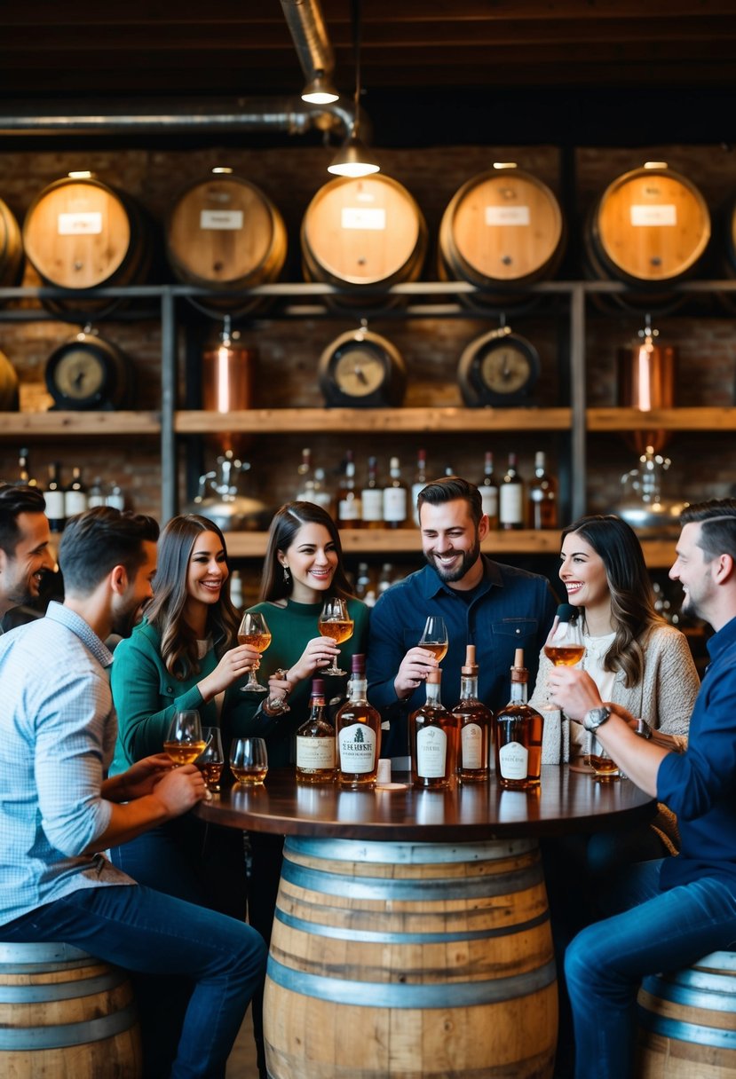 A group of friends gather at a rustic distillery, sampling various spirits in a cozy tasting room adorned with barrels and copper stills