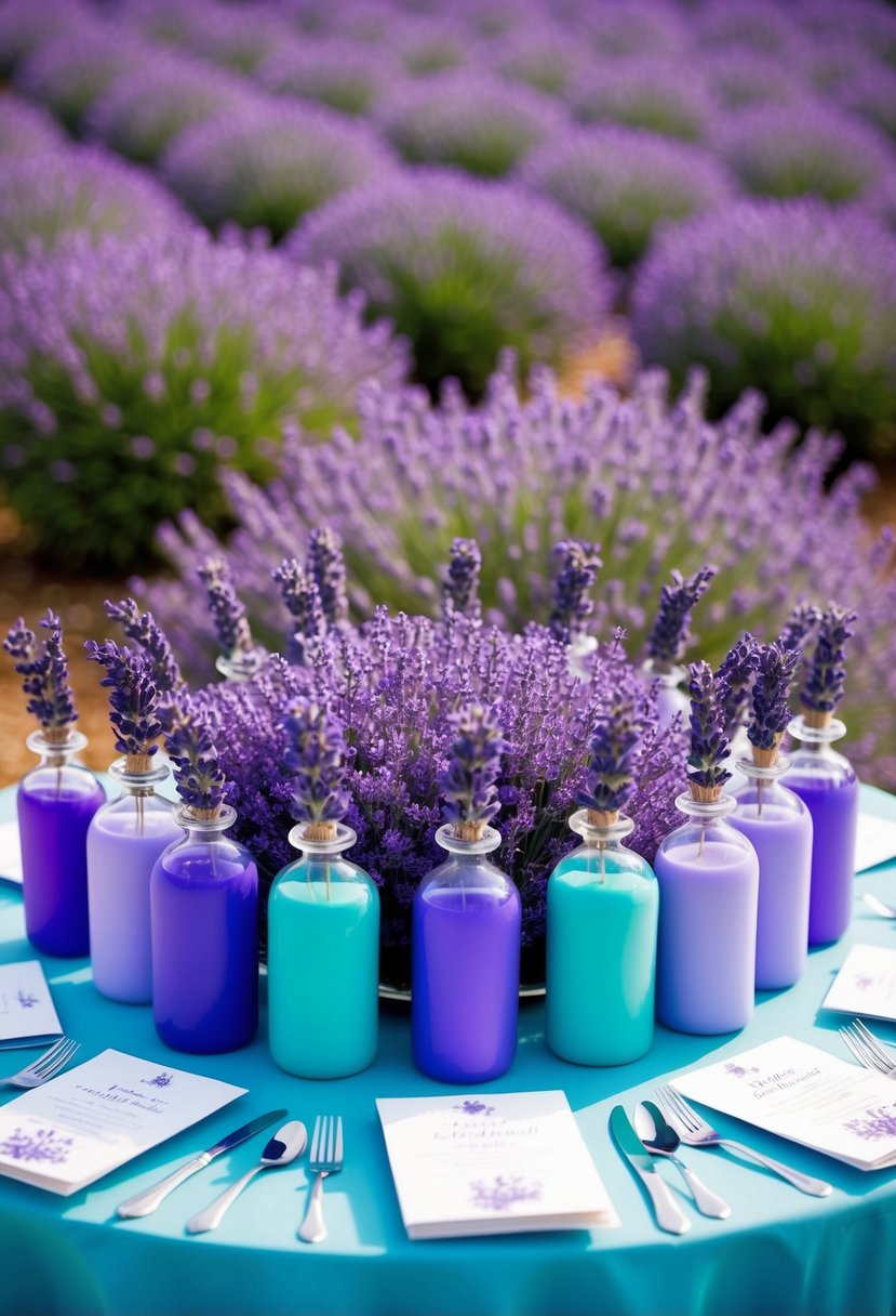 A table adorned with lavender-scented favors in shades of purple and teal, set against a backdrop of blooming lavender fields