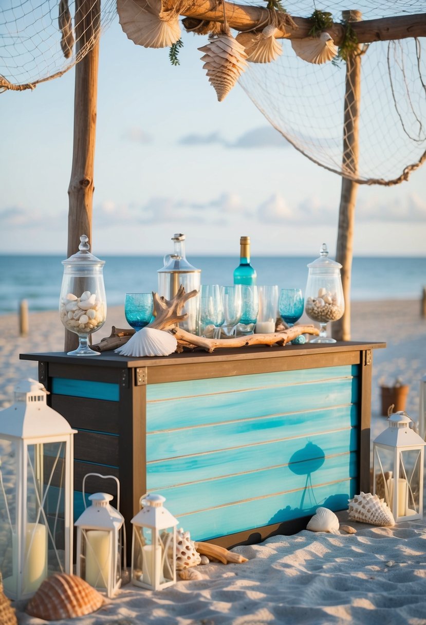 A beachfront wedding bar adorned with seashells, driftwood, and ocean-inspired glassware, surrounded by nautical lanterns and netting