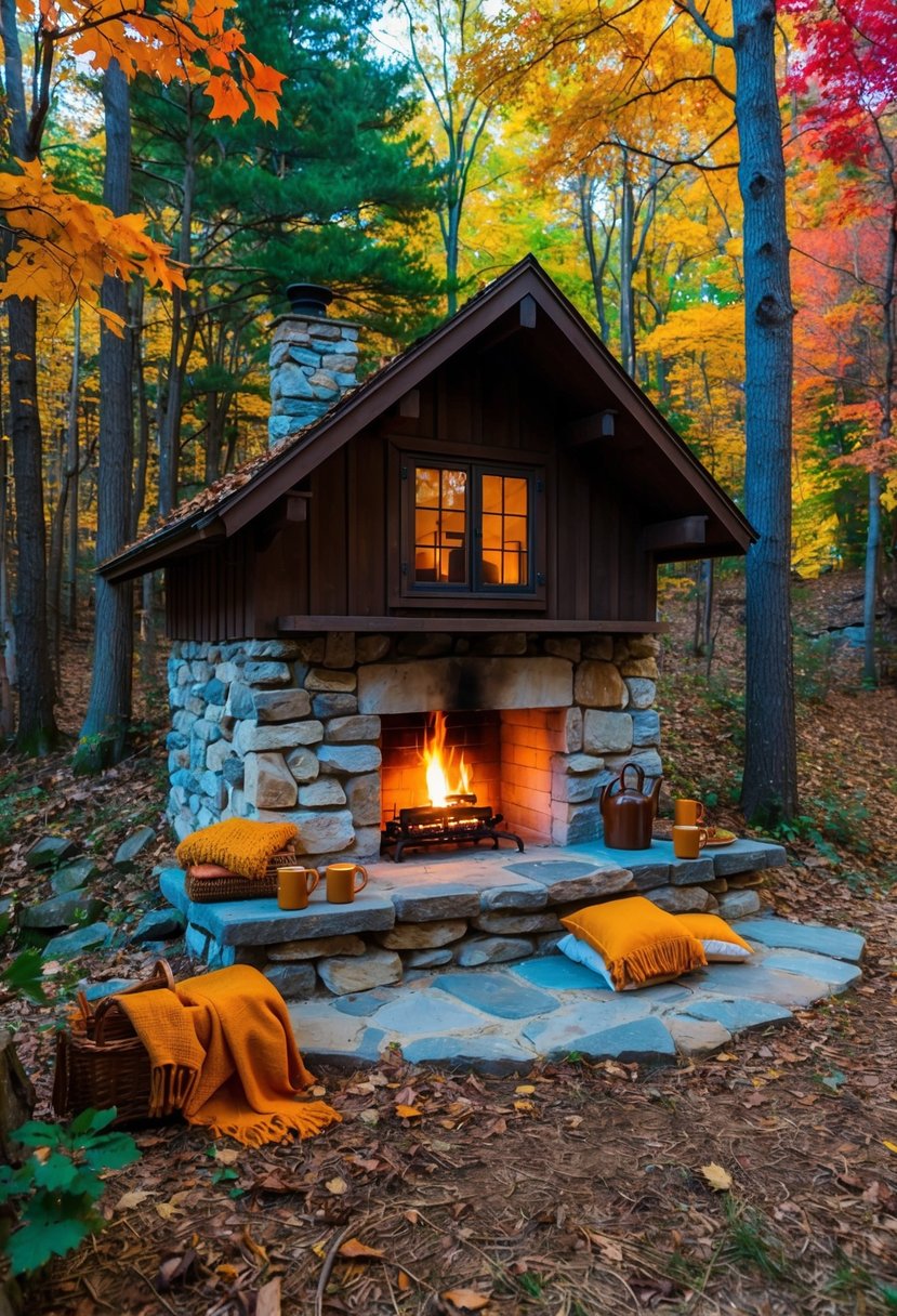 A rustic cabin nestled in a forest clearing, surrounded by colorful autumn foliage. A warm fire crackles in the stone fireplace, with cozy blankets and mugs of hot cider scattered about