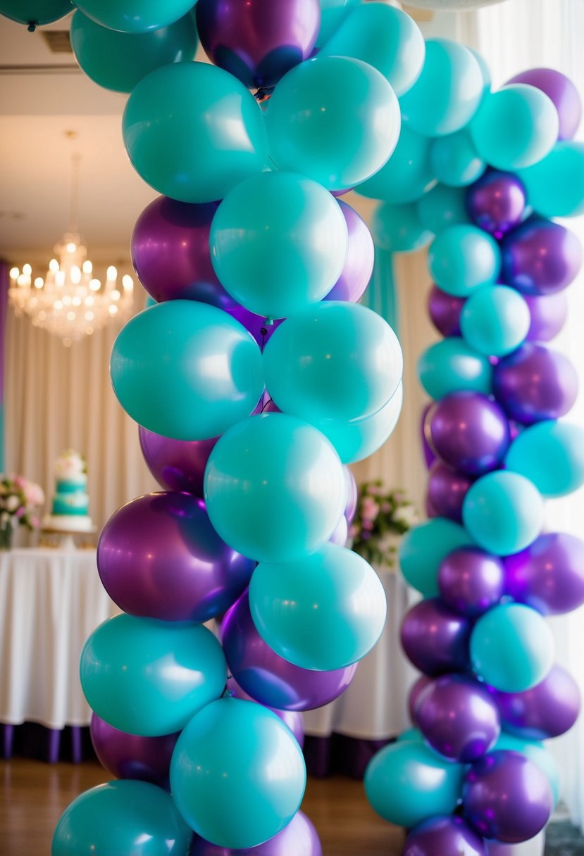 A festive balloon garland in shades of turquoise and violet, creating a vibrant and elegant backdrop for a wedding celebration