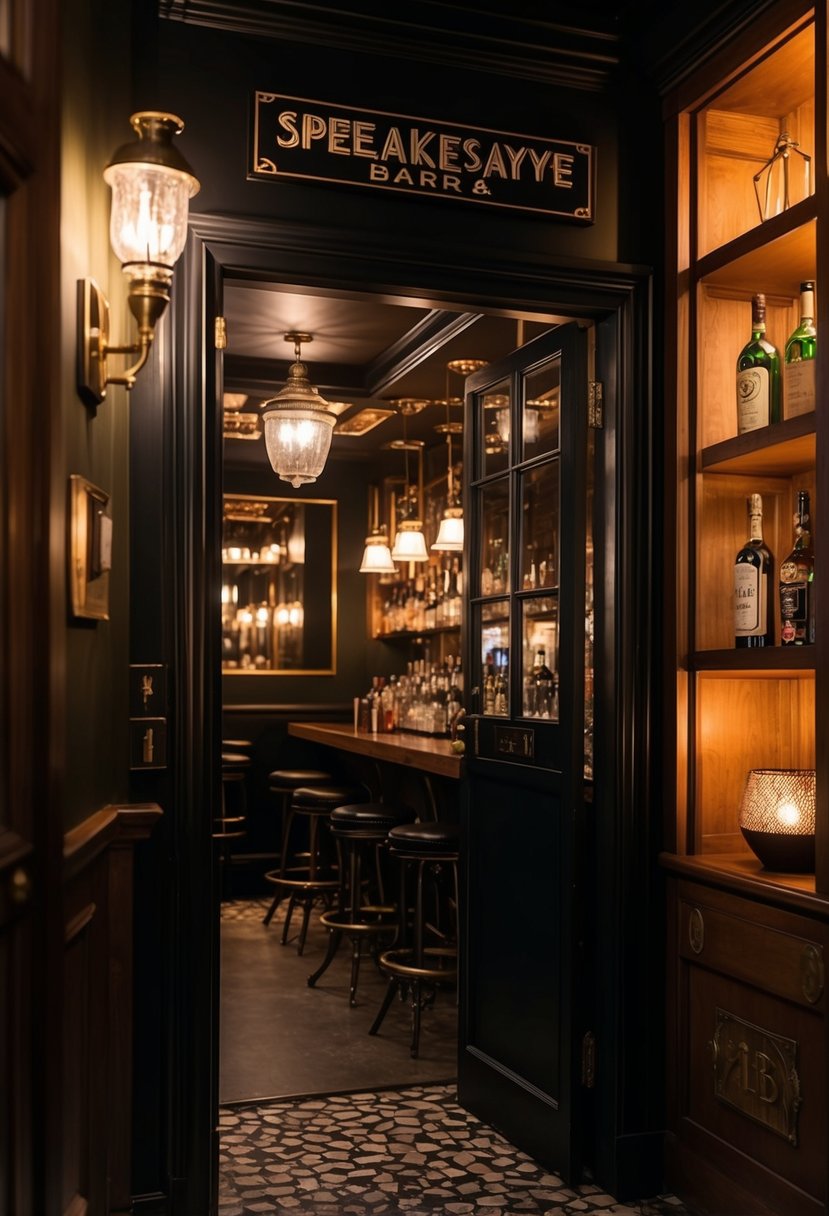 A dimly lit, secret entrance leads to a cozy speakeasy-style bar, with vintage decor, mood lighting, and a clandestine atmosphere