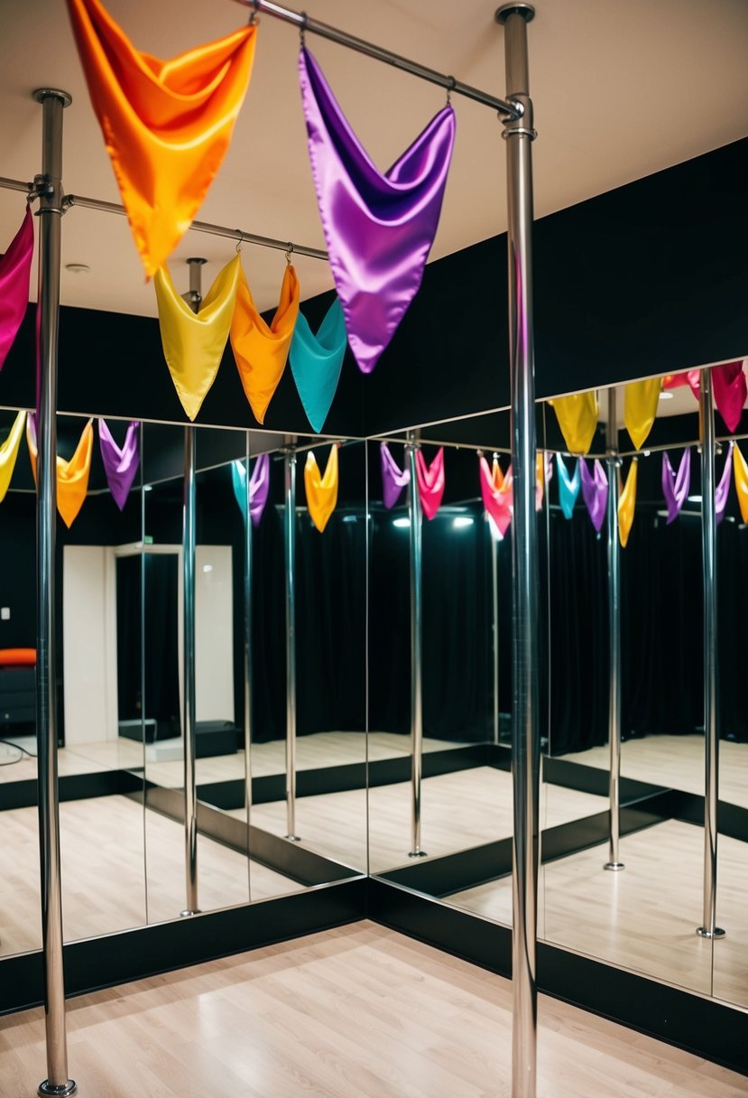 A dimly lit pole dancing studio with mirrored walls and metallic poles. Brightly colored silk scarves hang from the ceiling, adding a festive touch to the space