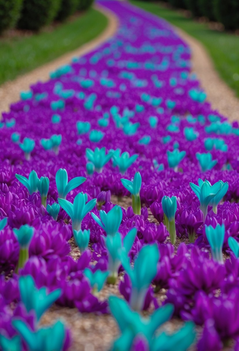 A winding pathway of vibrant purple and teal hyacinth petals, creating a beautiful and enchanting wedding color palette