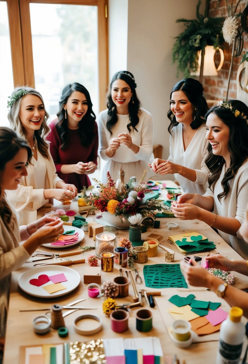 A cozy crafting studio filled with colorful materials and tools for creating seasonal wedding decor, surrounded by excited and chatty bridesmaids