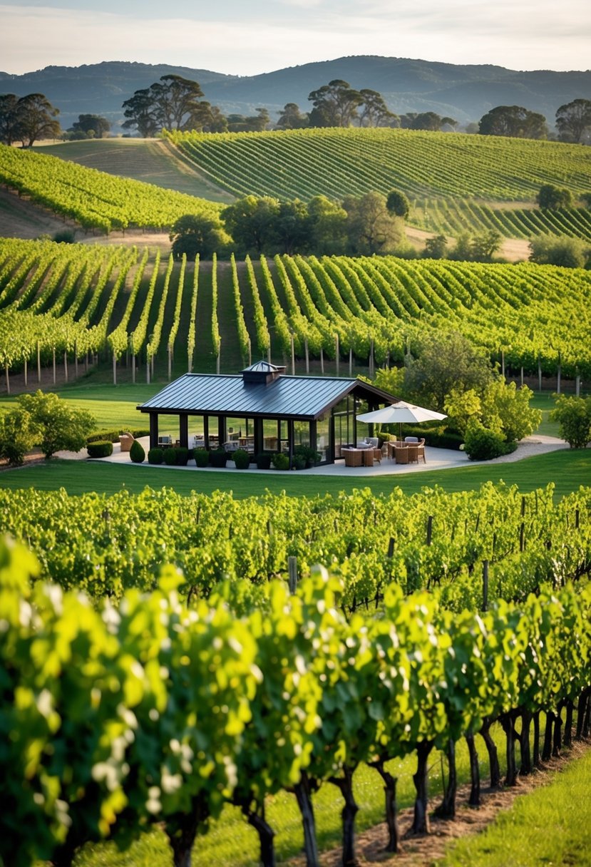 Lush vineyard with rolling hills, rows of grapevines, and a charming tasting area nestled among the greenery