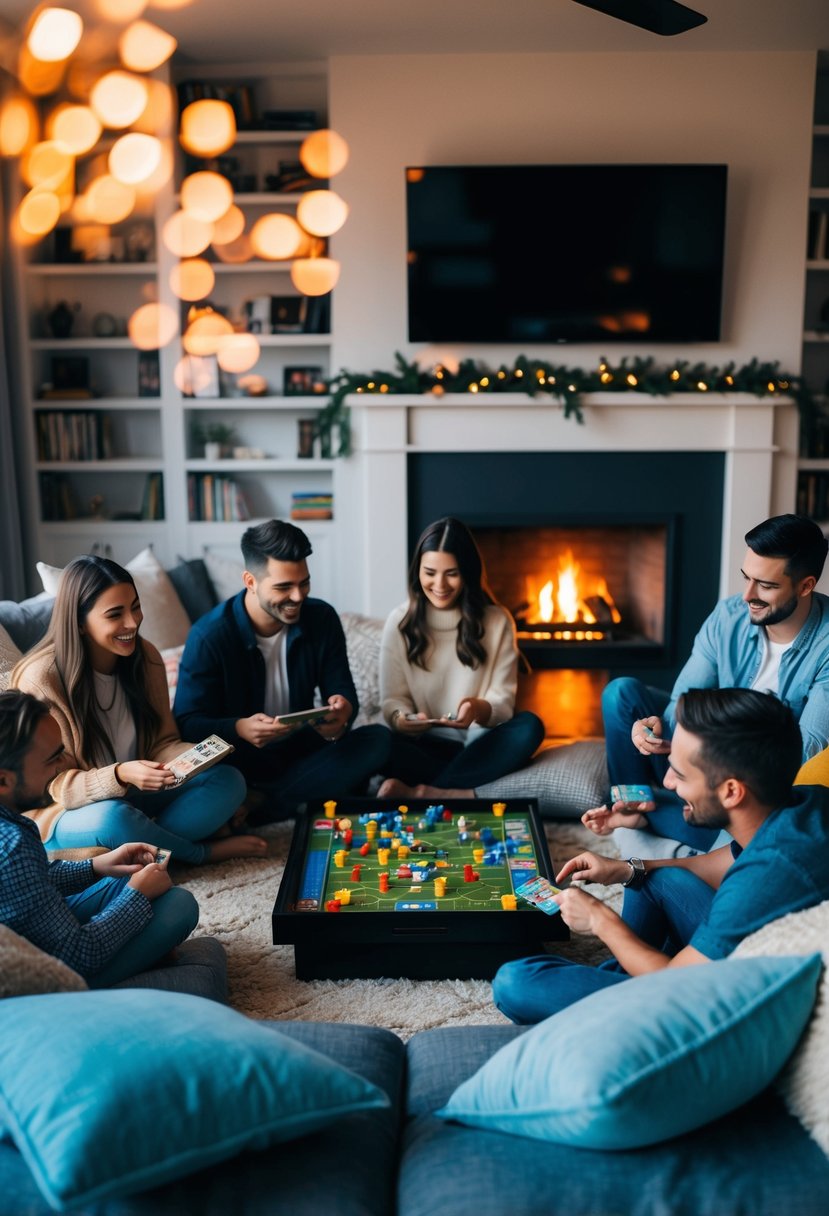 A cozy living room with friends playing board games and watching movies, surrounded by pillows and blankets, with a warm fire crackling in the fireplace