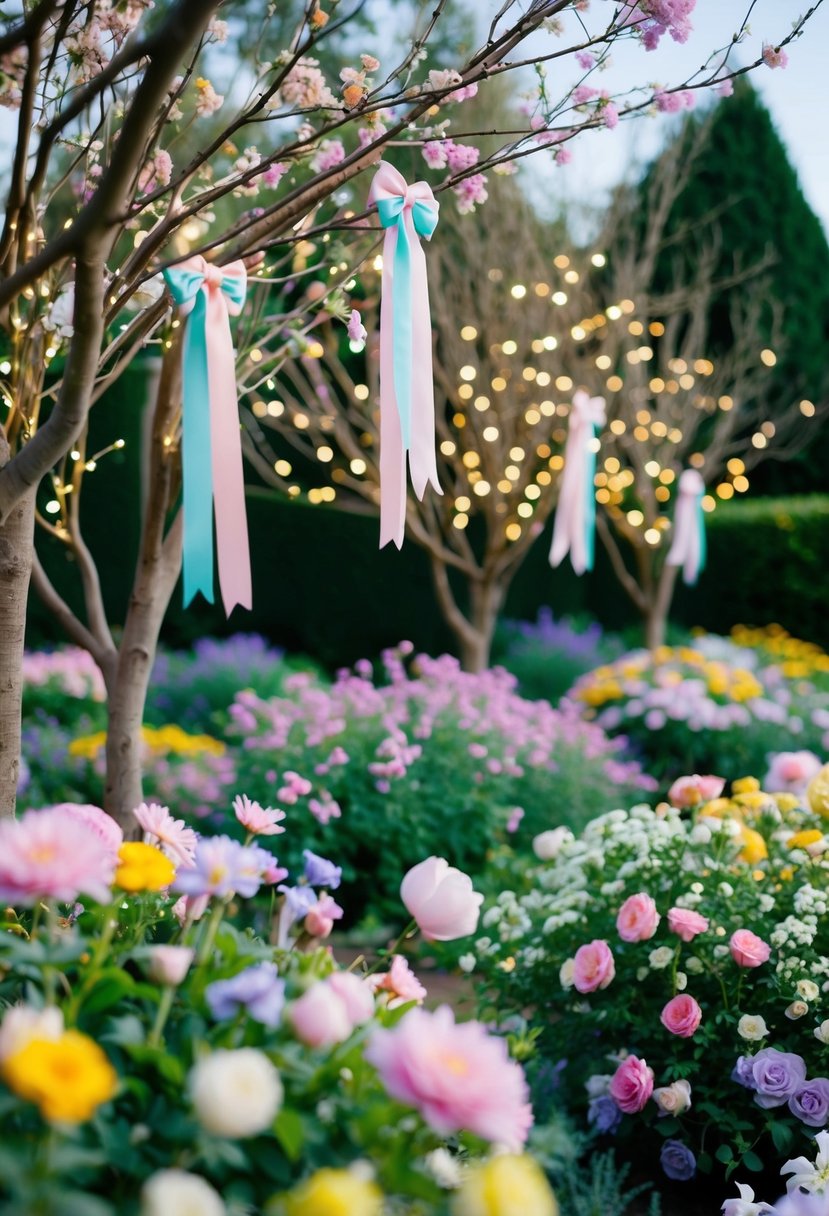 A garden filled with blooming flowers, pastel-colored ribbons, and delicate fairy lights adorning the trees