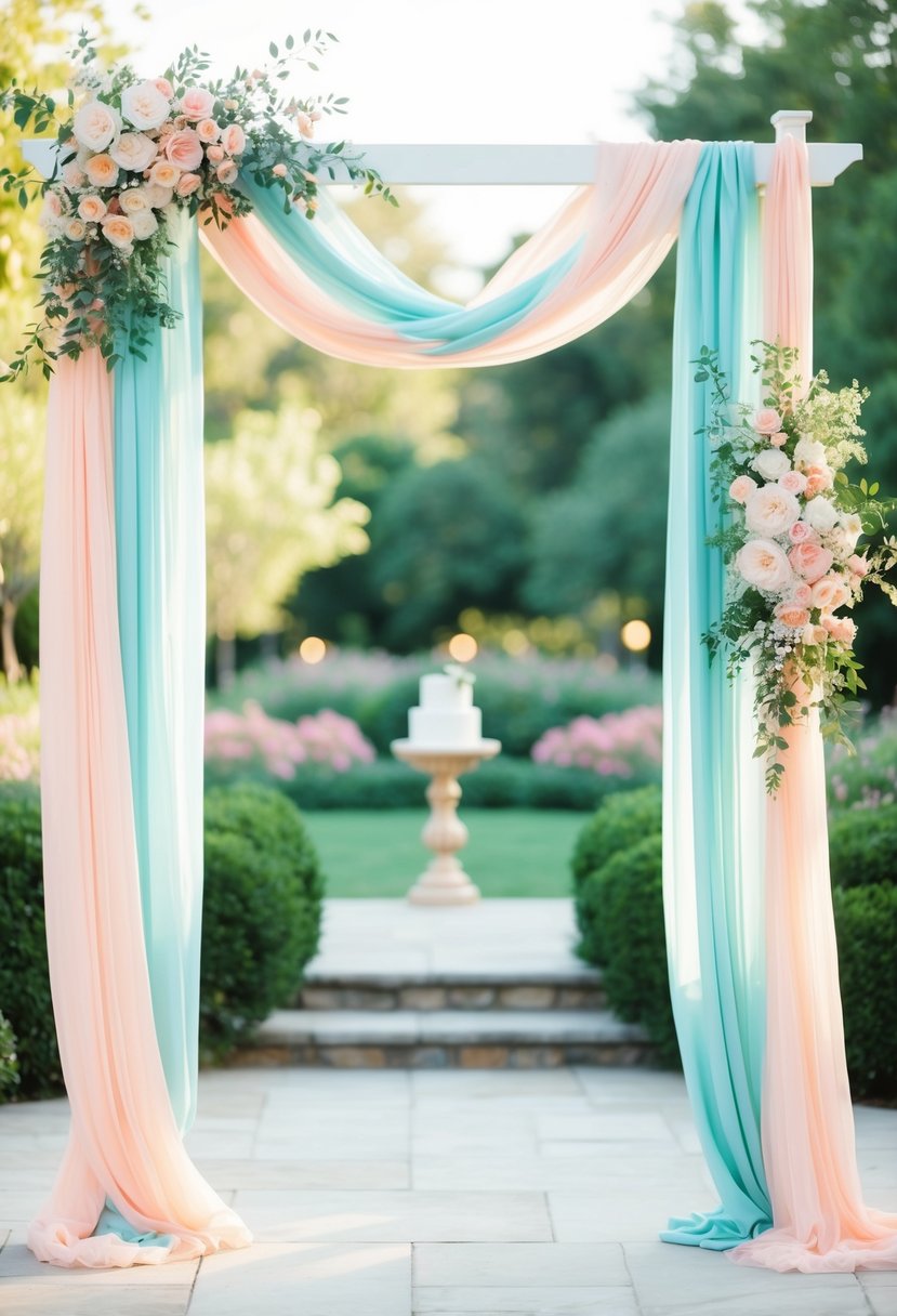 A pastel peach and teal wedding arch adorned with flowers and draped fabric, set against a serene garden backdrop