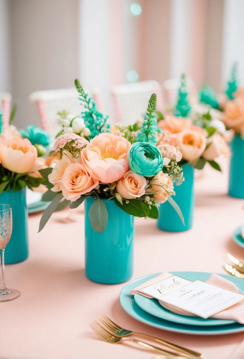 Peach and teal floral centerpieces arranged on a pastel table setting for a wedding