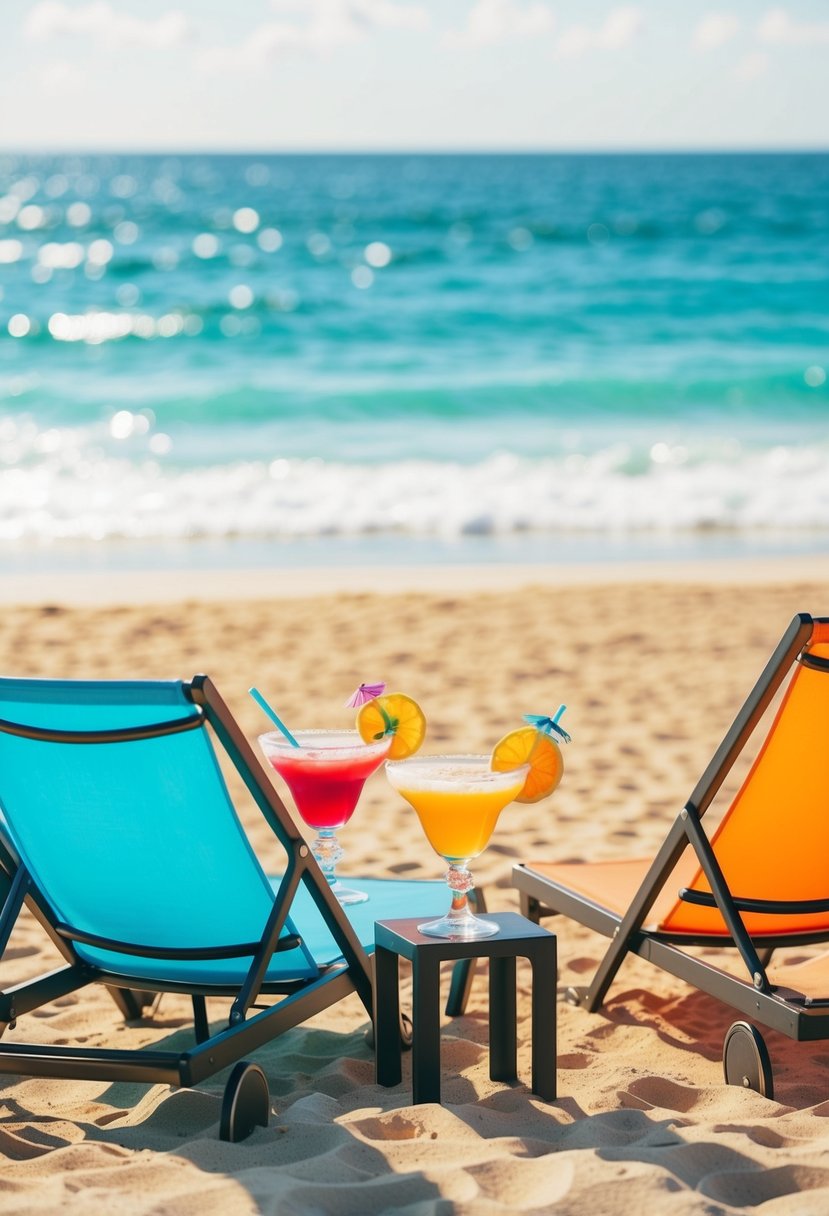 A sunny beach with colorful cocktails and lounge chairs, surrounded by golden sand and the sparkling ocean