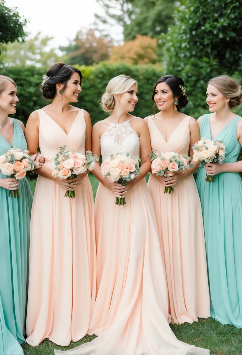 Pastel peach bridesmaid dresses in a garden with teal accents