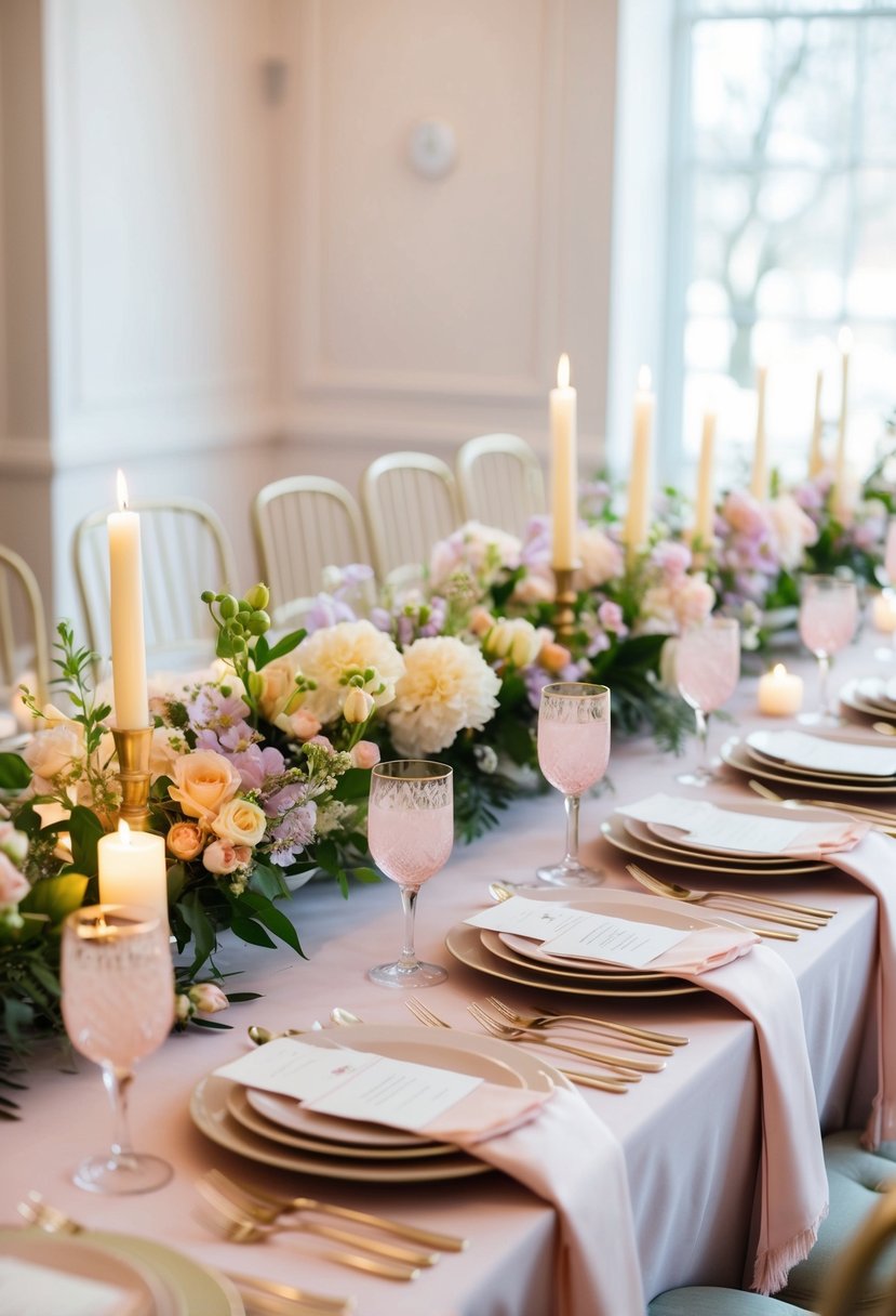 A table set with pastel linens, delicate floral centerpieces, and soft candlelight for a spring wedding