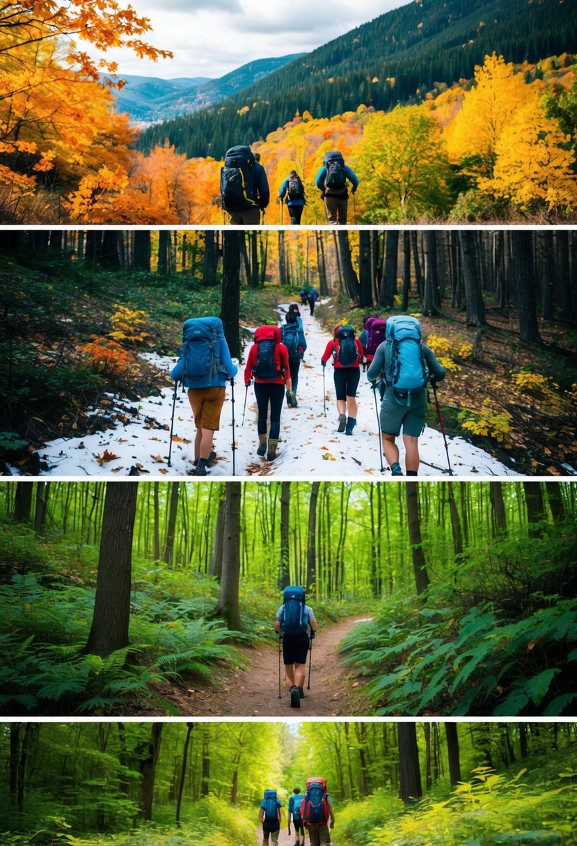 A group of hikers trek through a lush forest, with colorful leaves falling in autumn, snow-covered trails in winter, blooming flowers in spring, and bright sunshine in summer