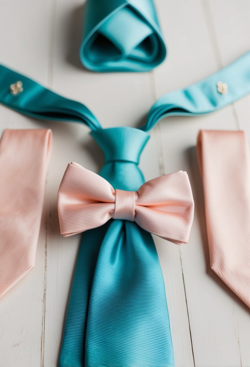 Teal ties arranged with pastel peach and teal accents for a wedding