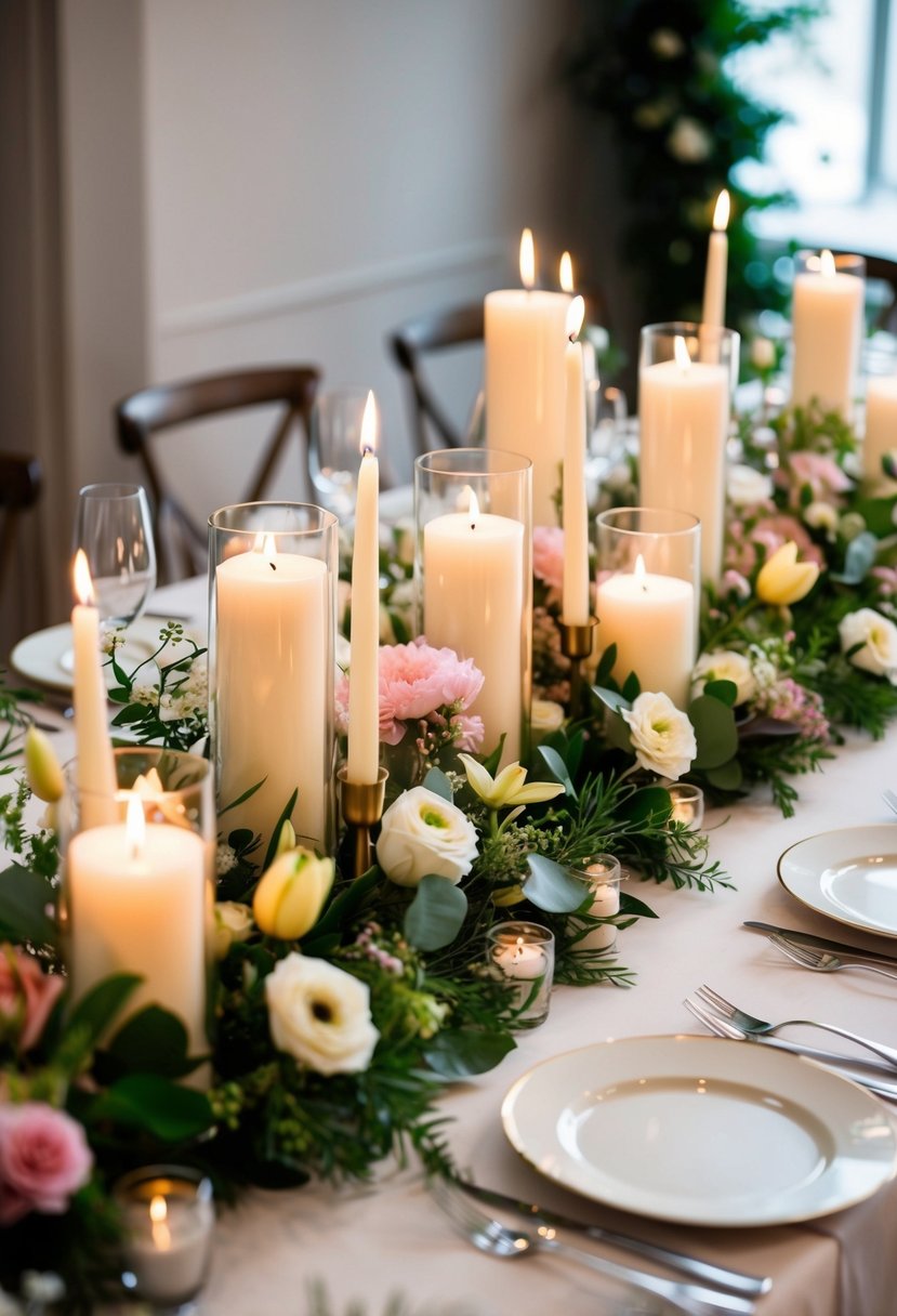 A table adorned with delicate candle arrangements, surrounded by fresh flowers and greenery, creating a romantic and elegant atmosphere for a spring wedding