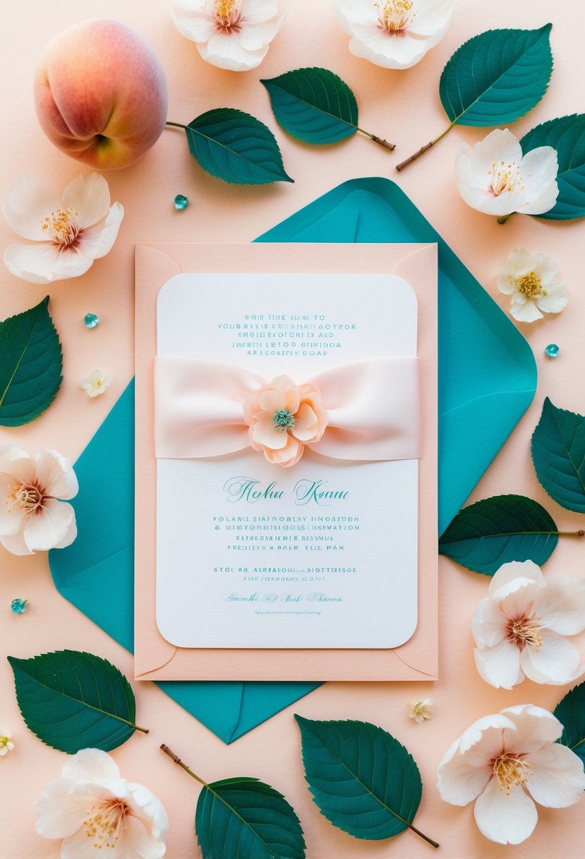 A soft pastel peach and teal wedding invitation surrounded by delicate peach blossoms and teal leaves