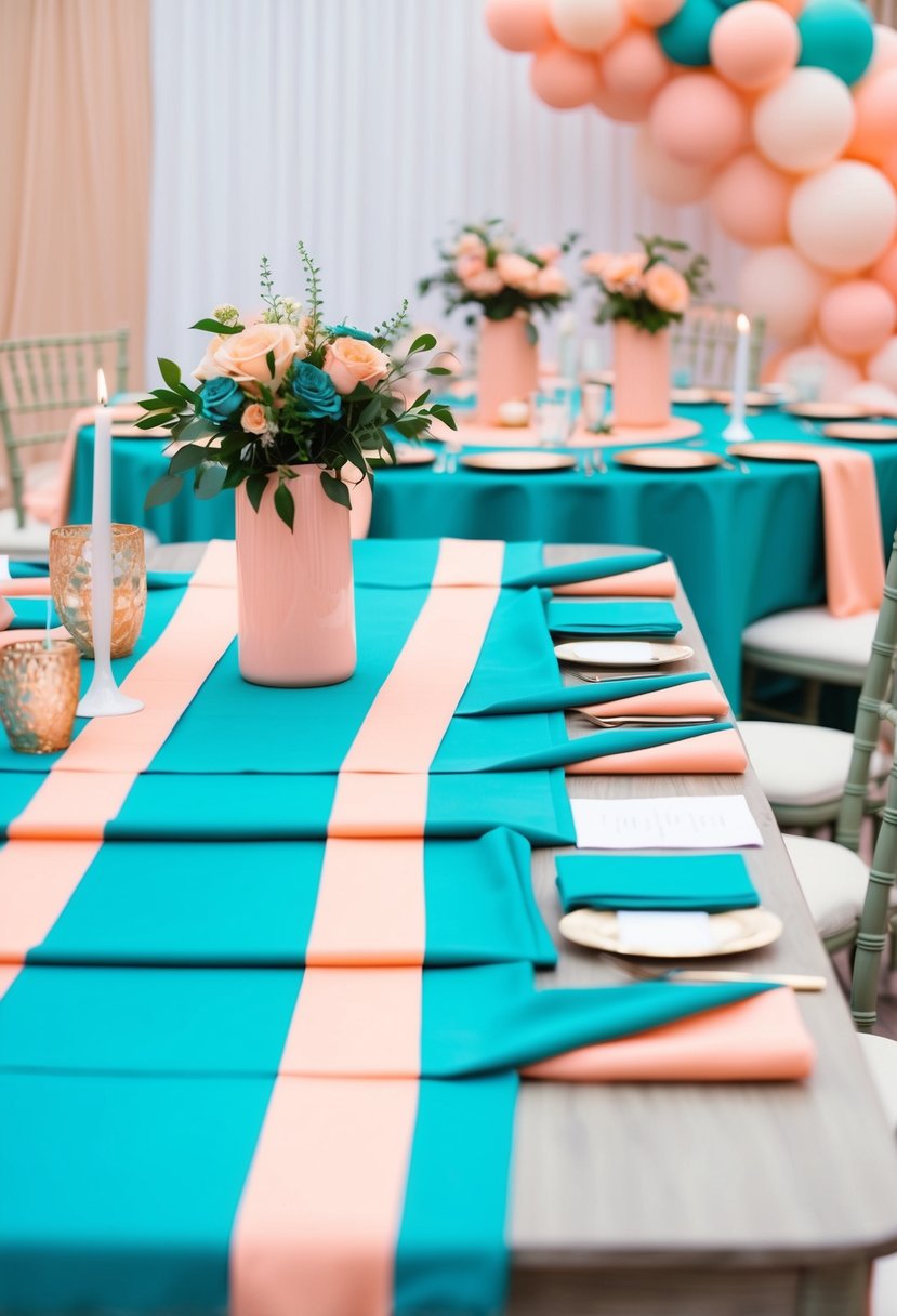 Teal table runners with peach accents draped across a table, surrounded by pastel peach and teal wedding decor