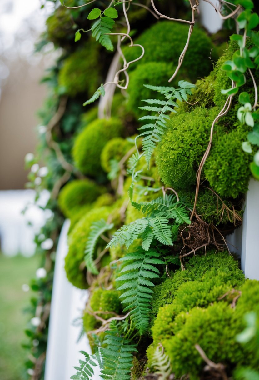 Lush green moss and ferns intertwine with delicate vines, creating a natural and enchanting spring wedding decor