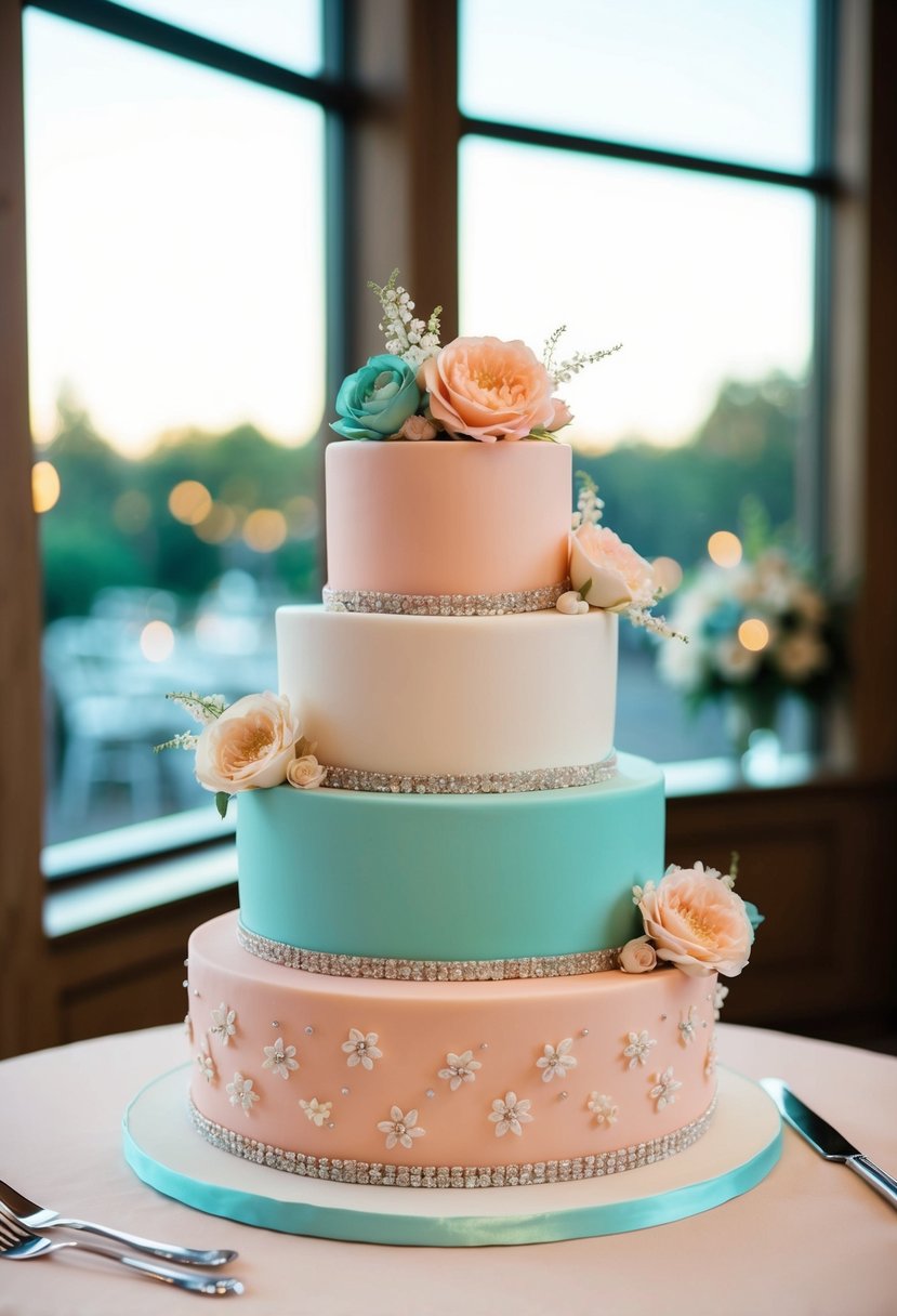 A three-tiered wedding cake in pastel peach and teal, adorned with delicate floral decorations and shimmering details