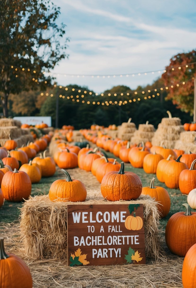 A colorful pumpkin patch with rows of pumpkins, haystacks, and a rustic wooden sign welcoming visitors for a fall-themed bachelorette party outing