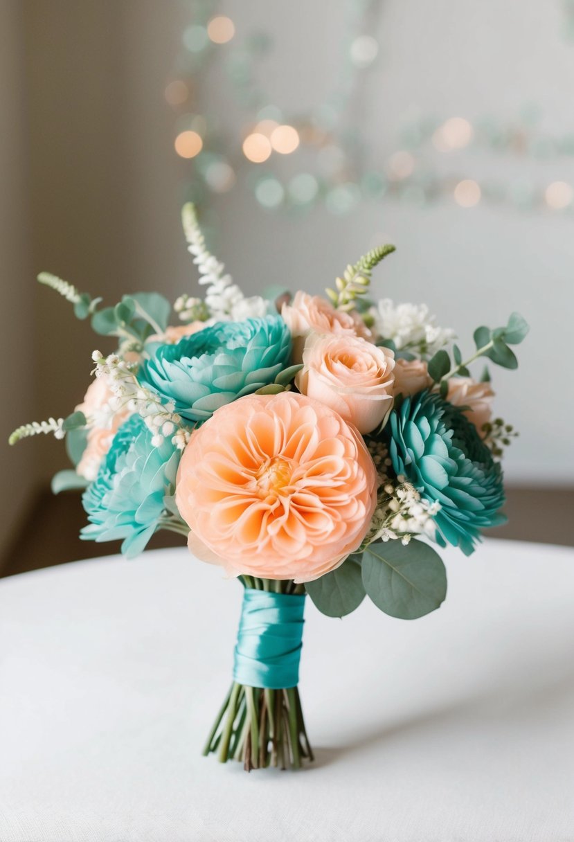 A pastel peach and teal boutonniere arrangement on a white table