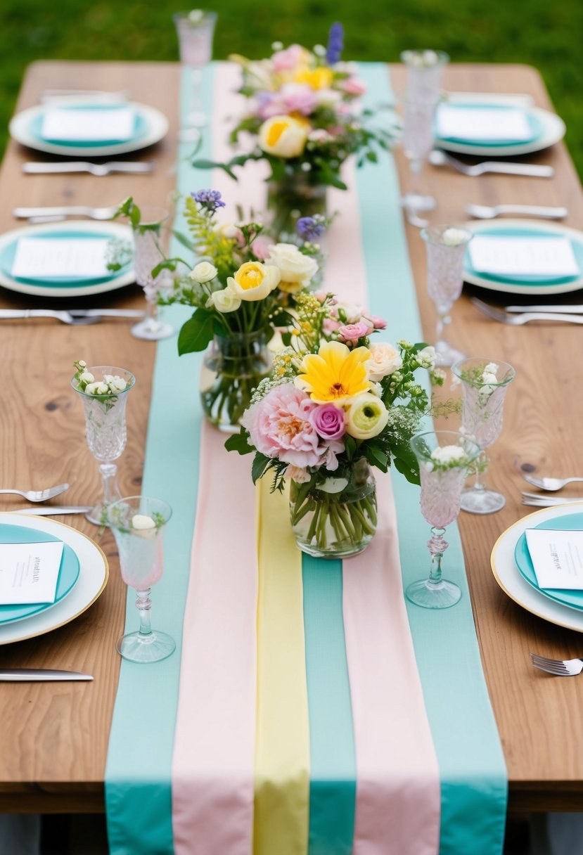 A garden-themed table with pastel table runners, adorned with fresh flowers and whimsical decor for a spring wedding