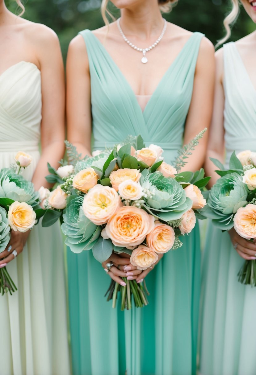 Sage green and peach flowers arranged in a pastel peach and teal color palette for a wedding