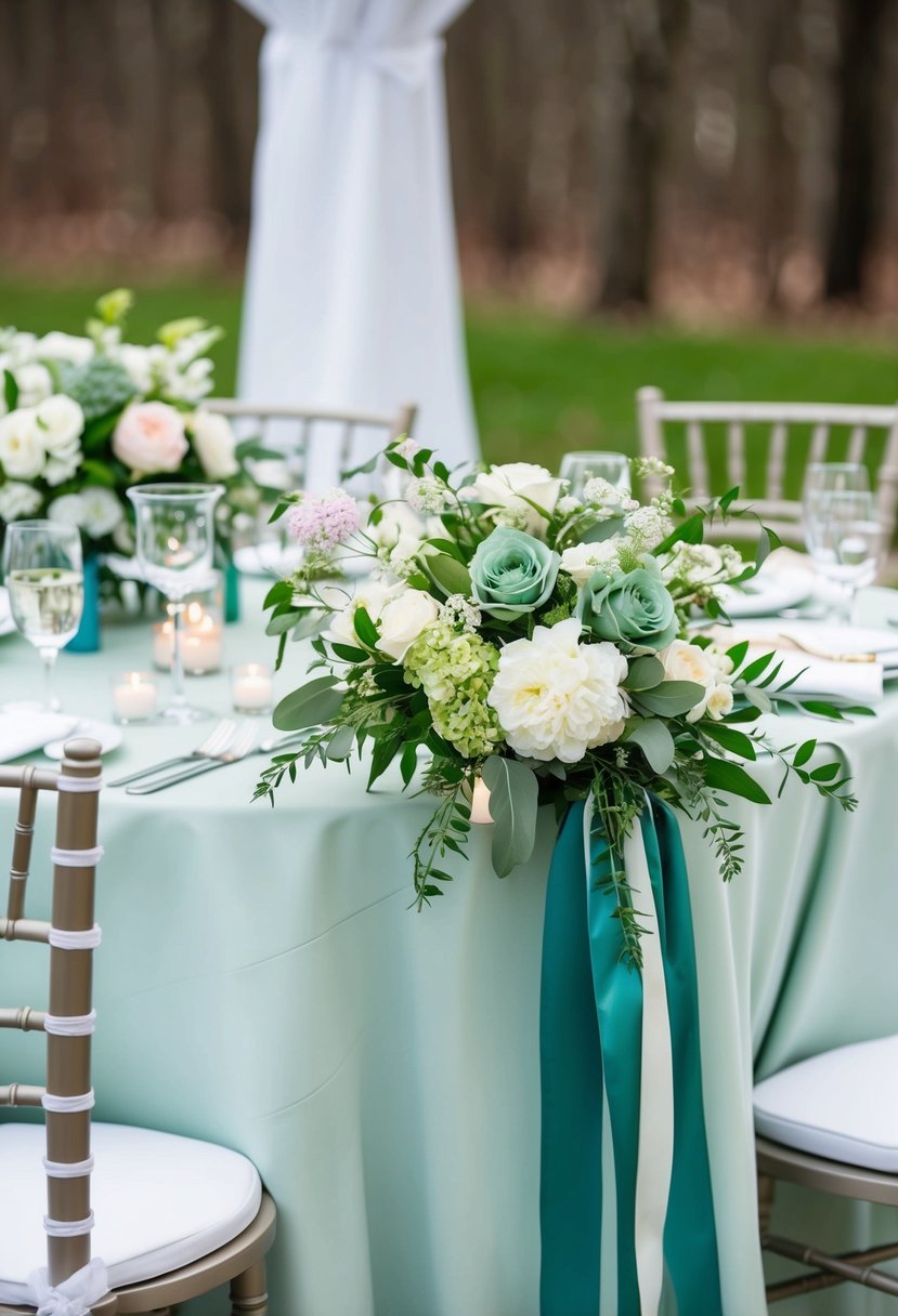 A spring wedding scene with sage green accents: floral centerpieces, table linens, and ribbon details on chairs