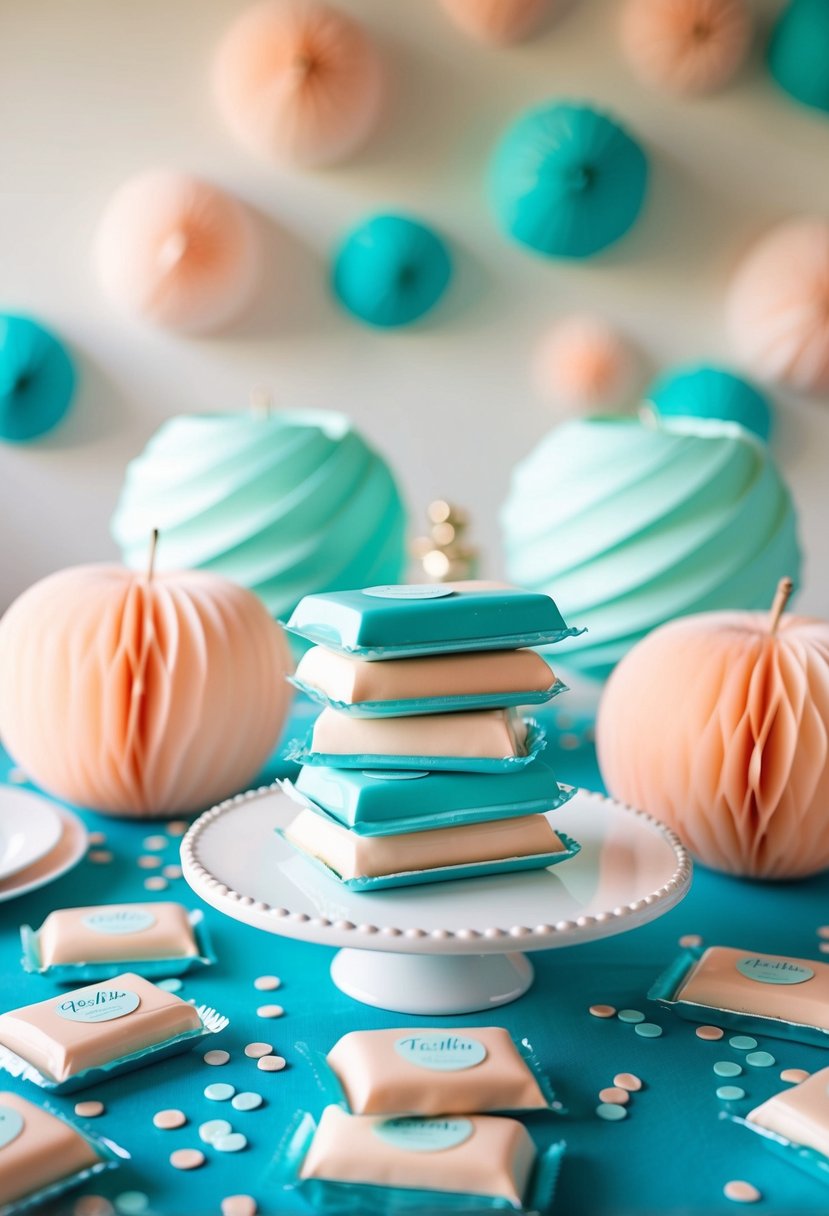 A wedding table adorned with teal and peach candy bars, surrounded by pastel peach and teal decorations