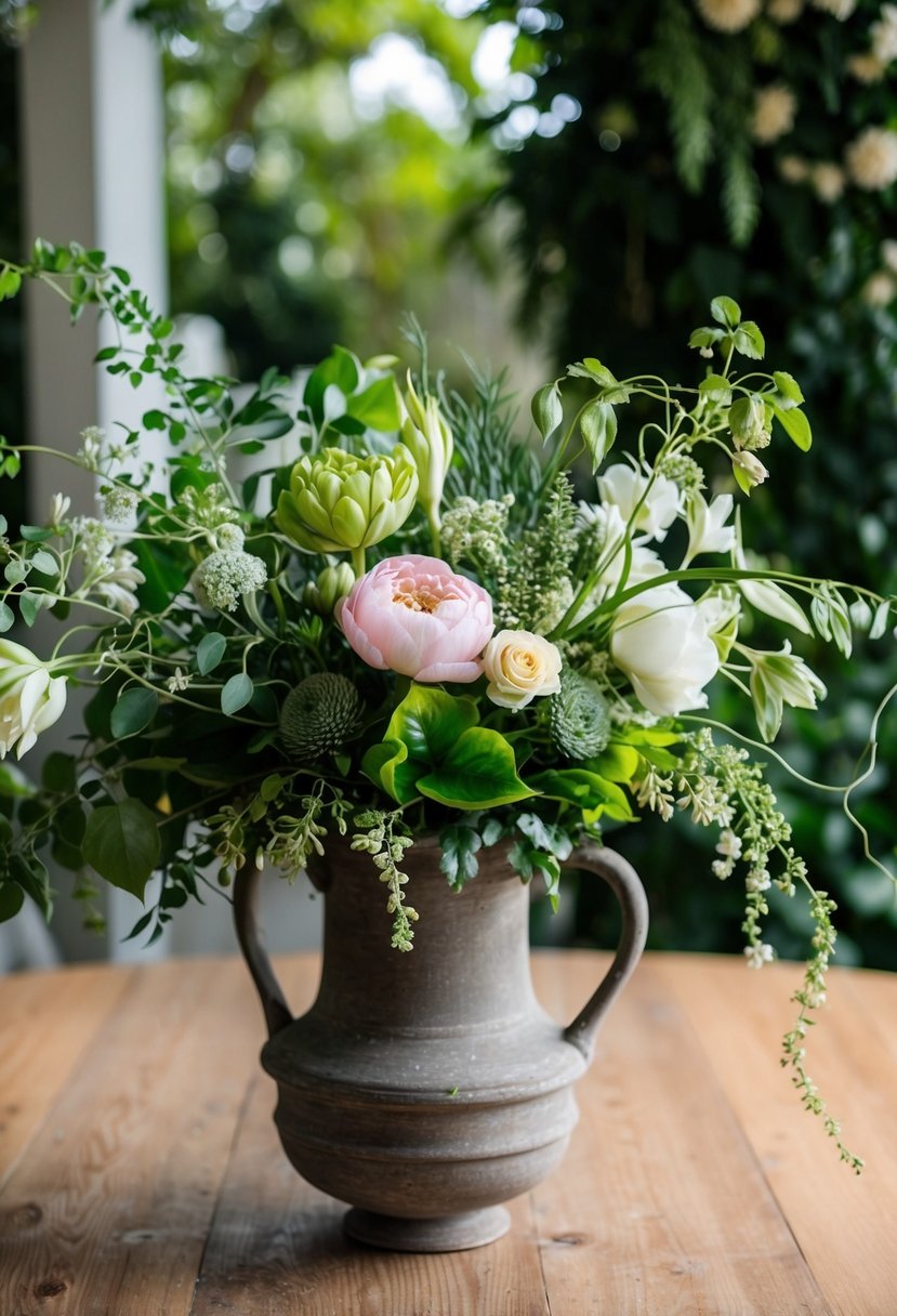 A lush garden-inspired centerpiece with blooming flowers, green foliage, and delicate vines arranged in a rustic vase, set on a wooden table