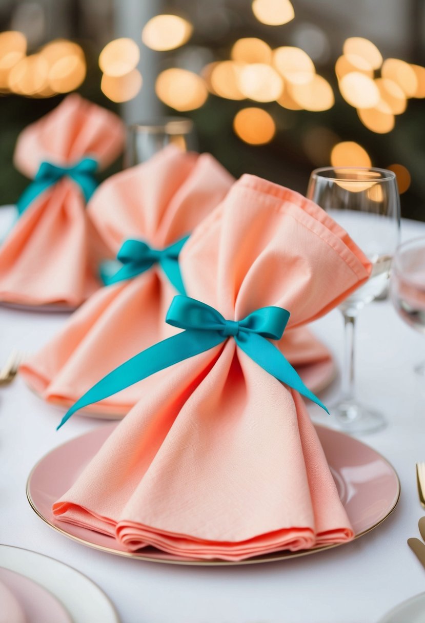 Pastel peach napkins tied with teal ribbons on a table