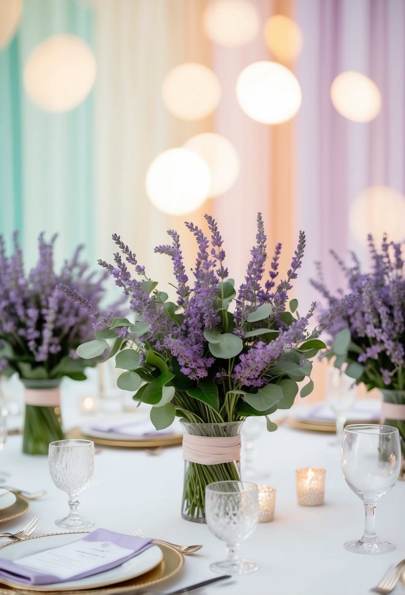 A table adorned with lavender bouquets and delicate floral arrangements, set against a backdrop of soft pastel hues