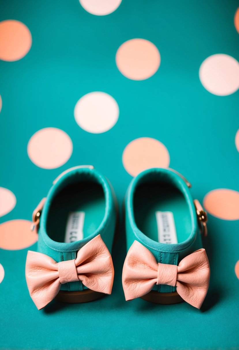 Teal shoes with peach bows on teal background